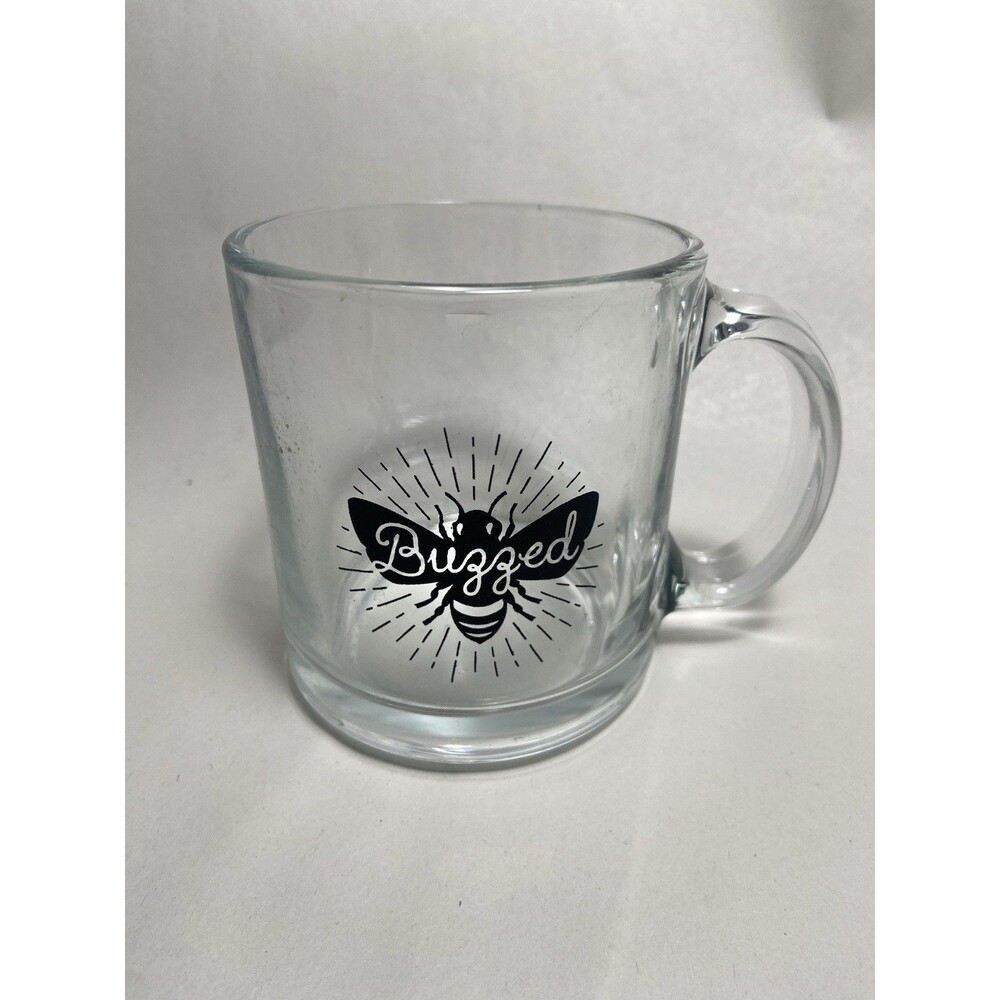Unbranded Buzzed Clear Glass Coffee mug 12 Oz  Black Print Honey Bee